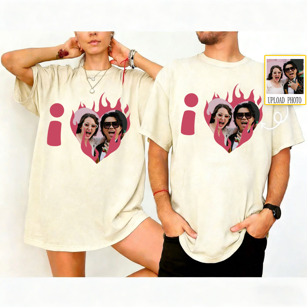 Flame Heart Couple Custom Washed T-Shirt