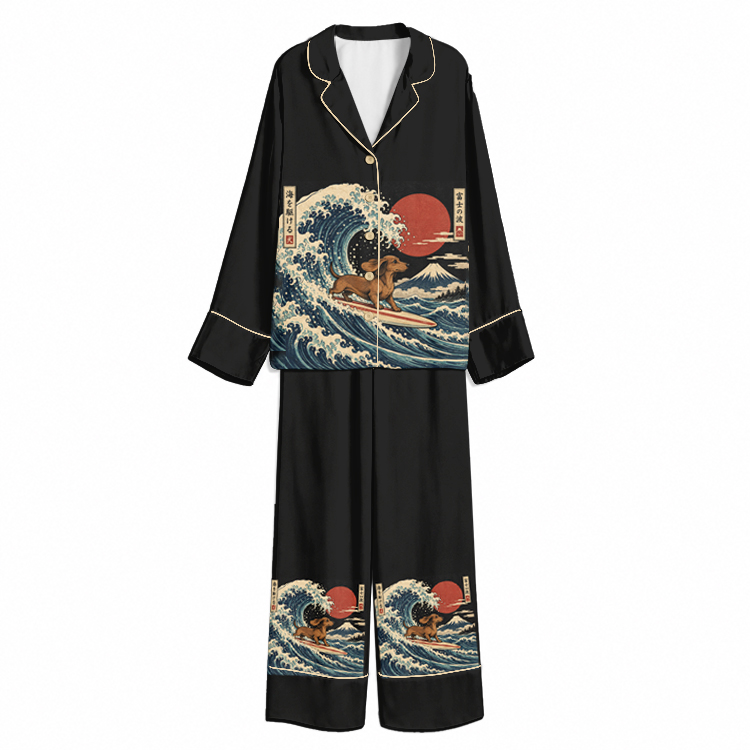 Japanese Wave Surfing Dachshund Black Unisex Long Sleeve Silky Satin Pajama Set