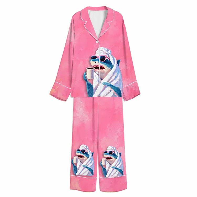 Spa Day Shark Pink Unisex Long Sleeve Silky Satin Pajama Set