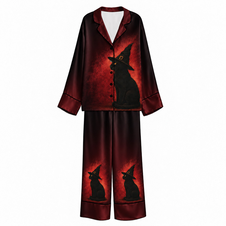 Halloween Crimson Witch Hat Cat Unisex Long Sleeve Silky Satin Pajama Set