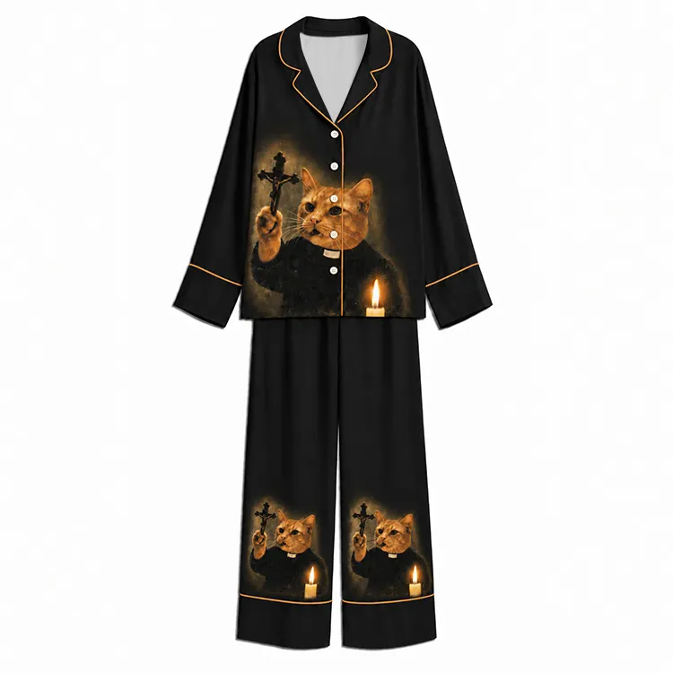 Halloween Candlelit Mystic Cat Black Unisex Long Sleeve Silky Satin Pajama Set