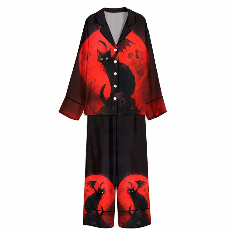 Halloween Crimson Moon Winged Cat Unisex Long Sleeve Silky Satin Pajama Set