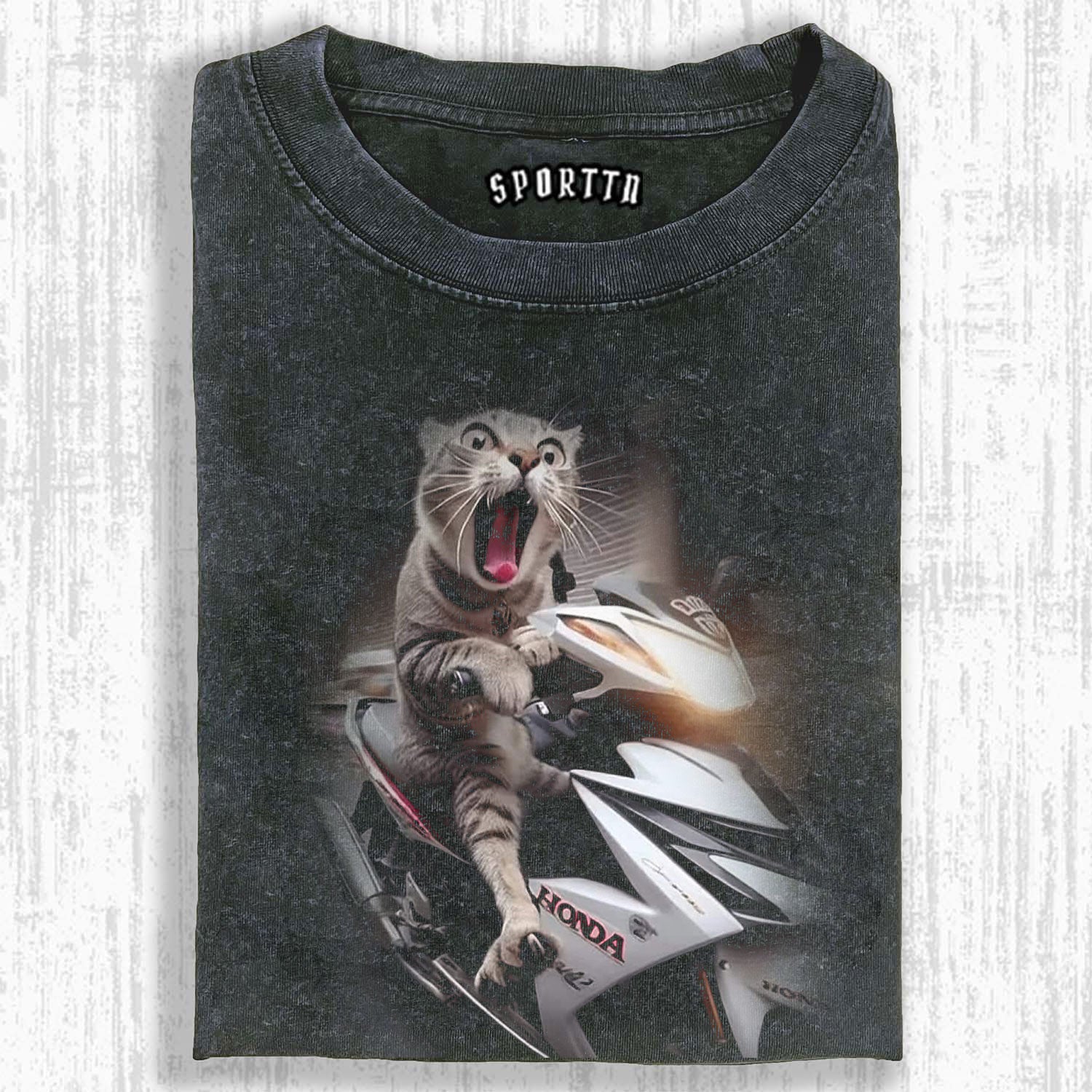 COOL CAT ON A MOTORCYCLE STYLISH RIDING TEE-LASPORTN