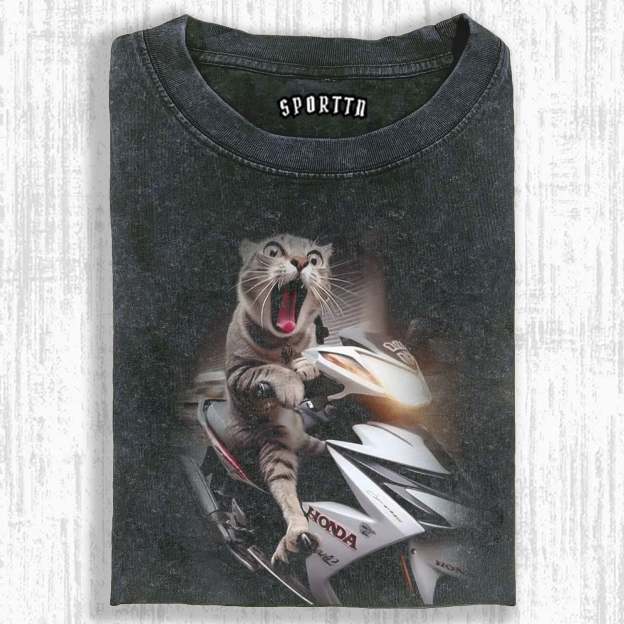 COOL CAT ON A MOTORCYCLE STYLISH RIDING TEE-LASPORTN