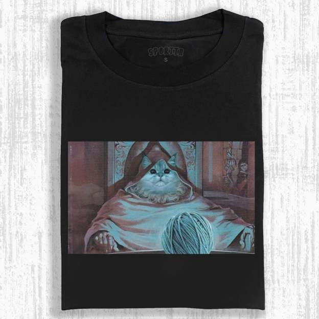FUNNY T - SHIRT WITH ADORABLE CAT AS MYSTERIOUS ELDER AND YARN BALL-LASPORTN