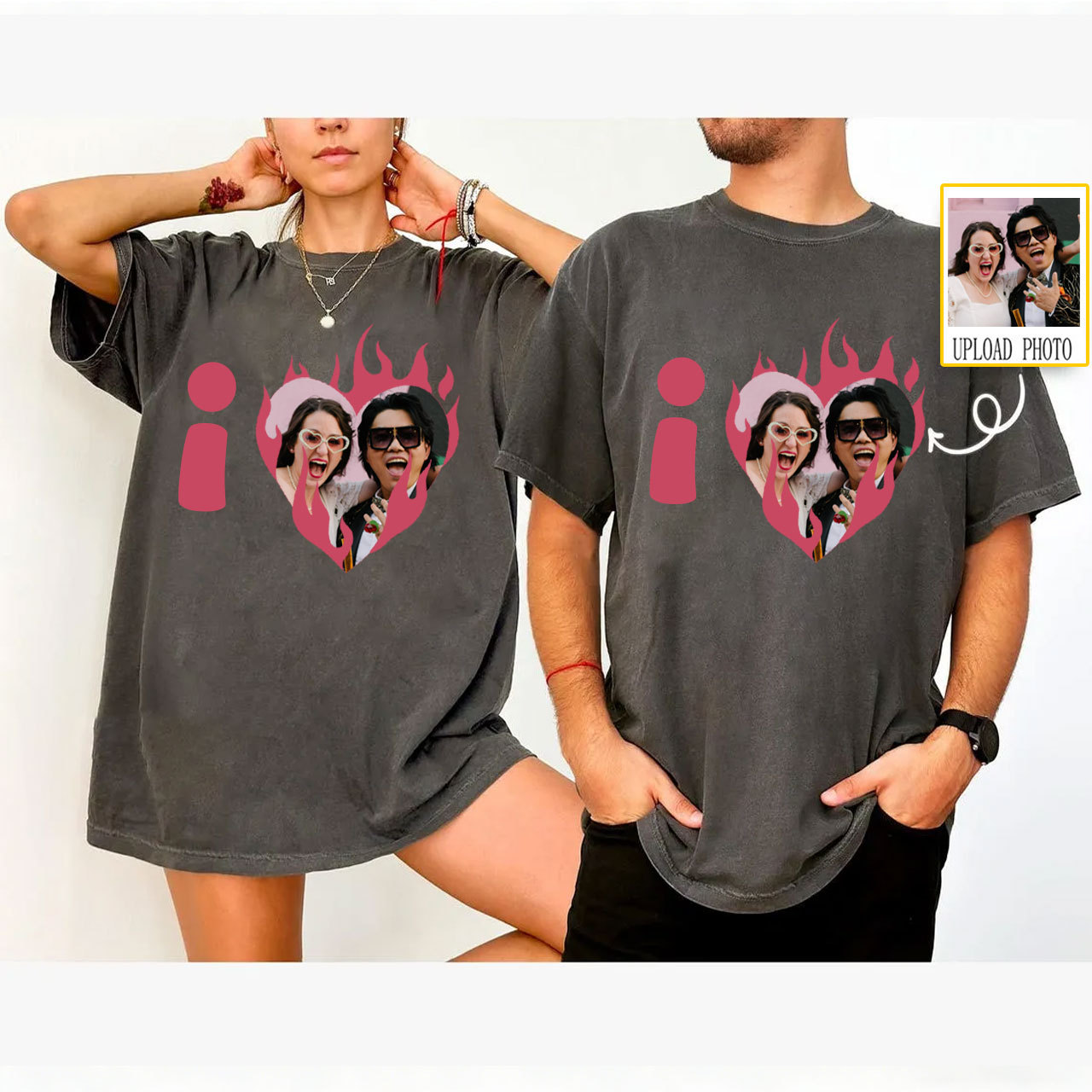 Flame Heart Couple Custom Washed T-Shirt