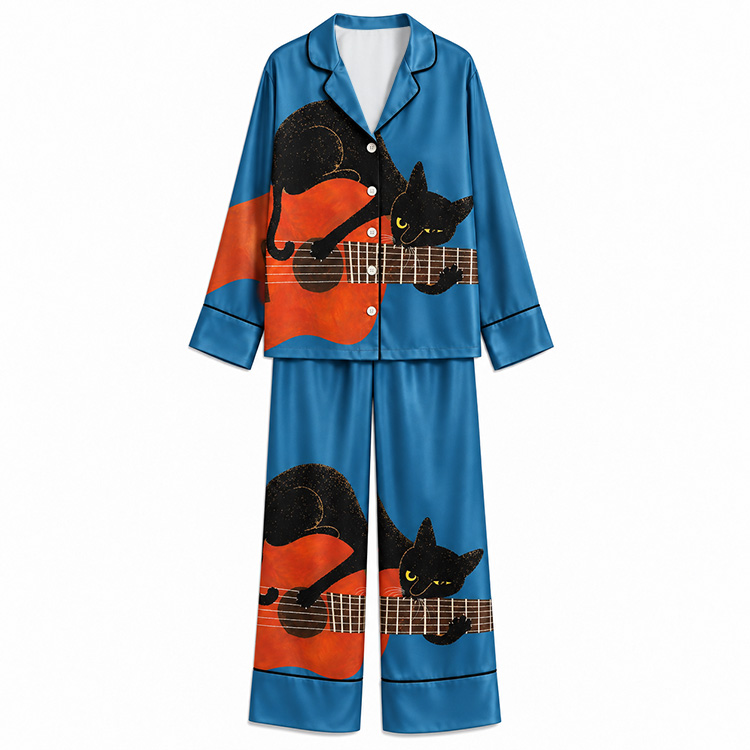 Guitar Dreaming Black Cat Blue Unisex Long Sleeve Silky Satin Pajama Set