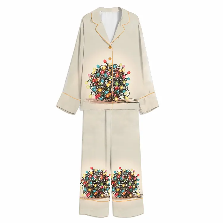 Christmas Tangled Rainbow Lights Cream Unisex Long Sleeve Silky Satin Pajama Set