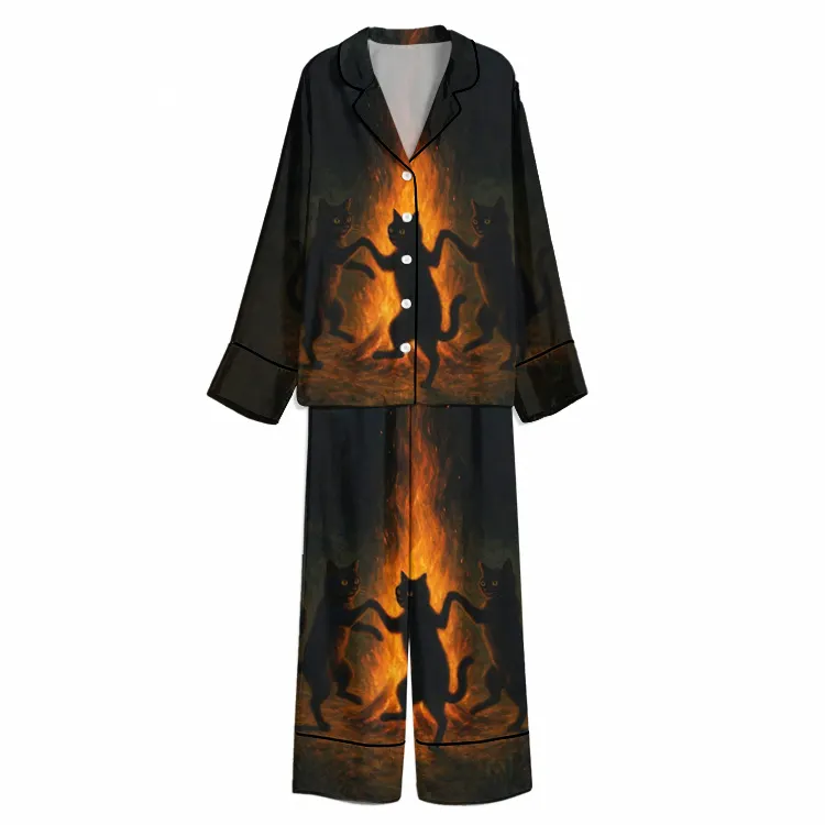 Halloween Firelight Dancing Black Cats Unisex Long Sleeve Silky Satin Pajama Set