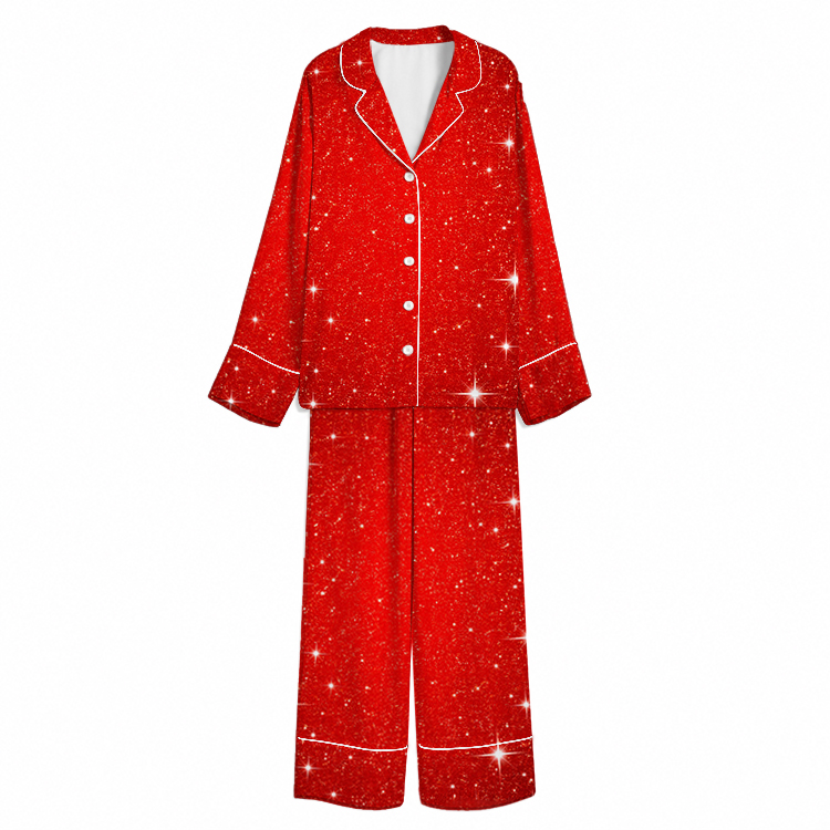 Christmas Ruby Glitter Starlight Red Unisex Long Sleeve Silky Satin Pajama Set