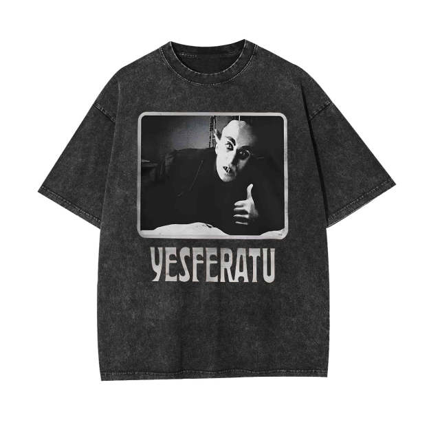 YESFERATU FUNNY HORROR RETRO WASHED T-SHIRT-LASPORTN