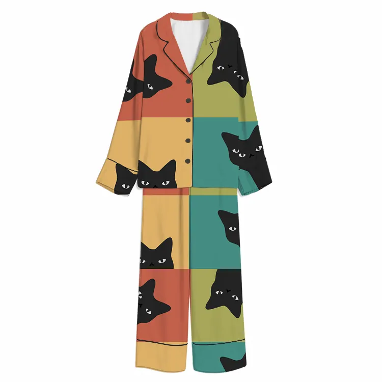 Colorblock Peeking Black Cats Unisex Long Sleeve Silky Satin Pajama Set