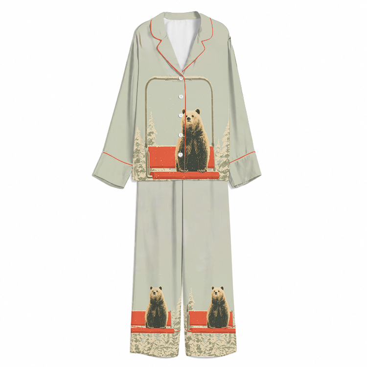 Winter Ski Lift Bear Sage Unisex Long Sleeve Silky Satin Pajama Set