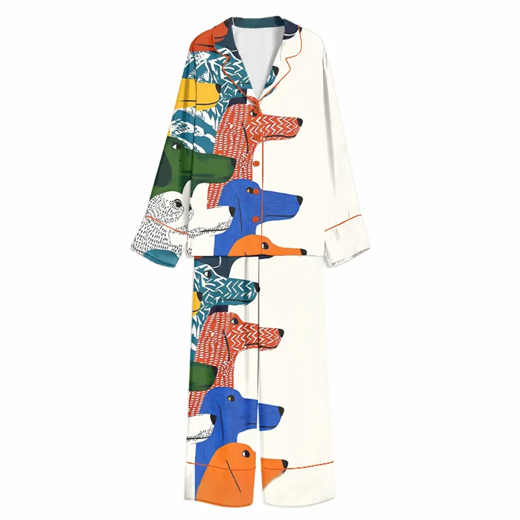 Modern Long-Nosed Dog Parade Cream Unisex Long Sleeve Silky Satin Pajama Set