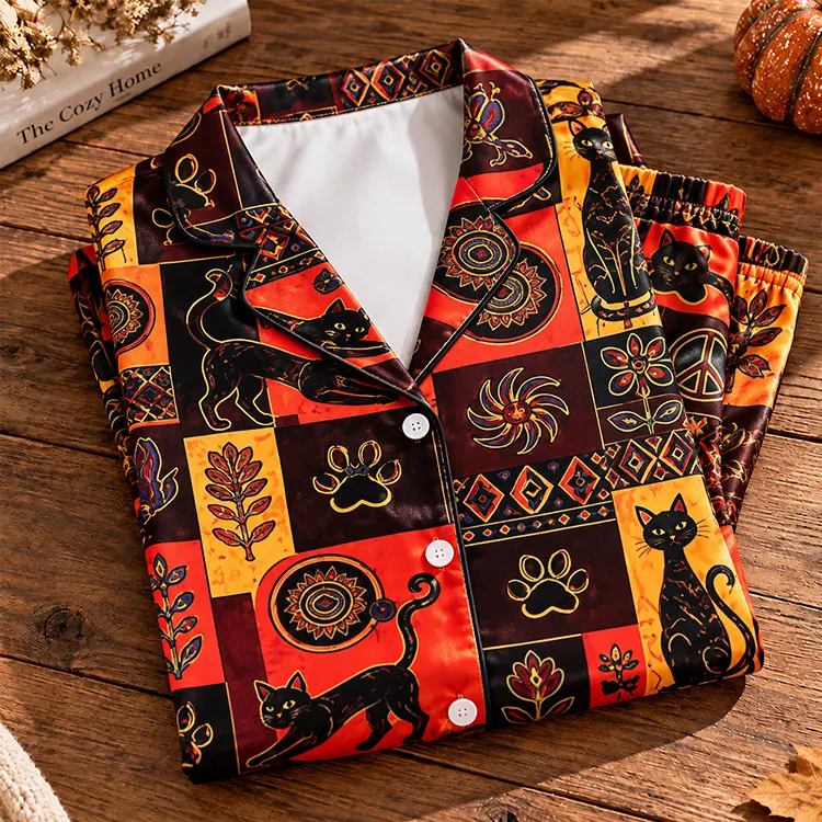 Bohemian Mosaic Black Cat Unisex Long Sleeve Silky Satin Pajama Set