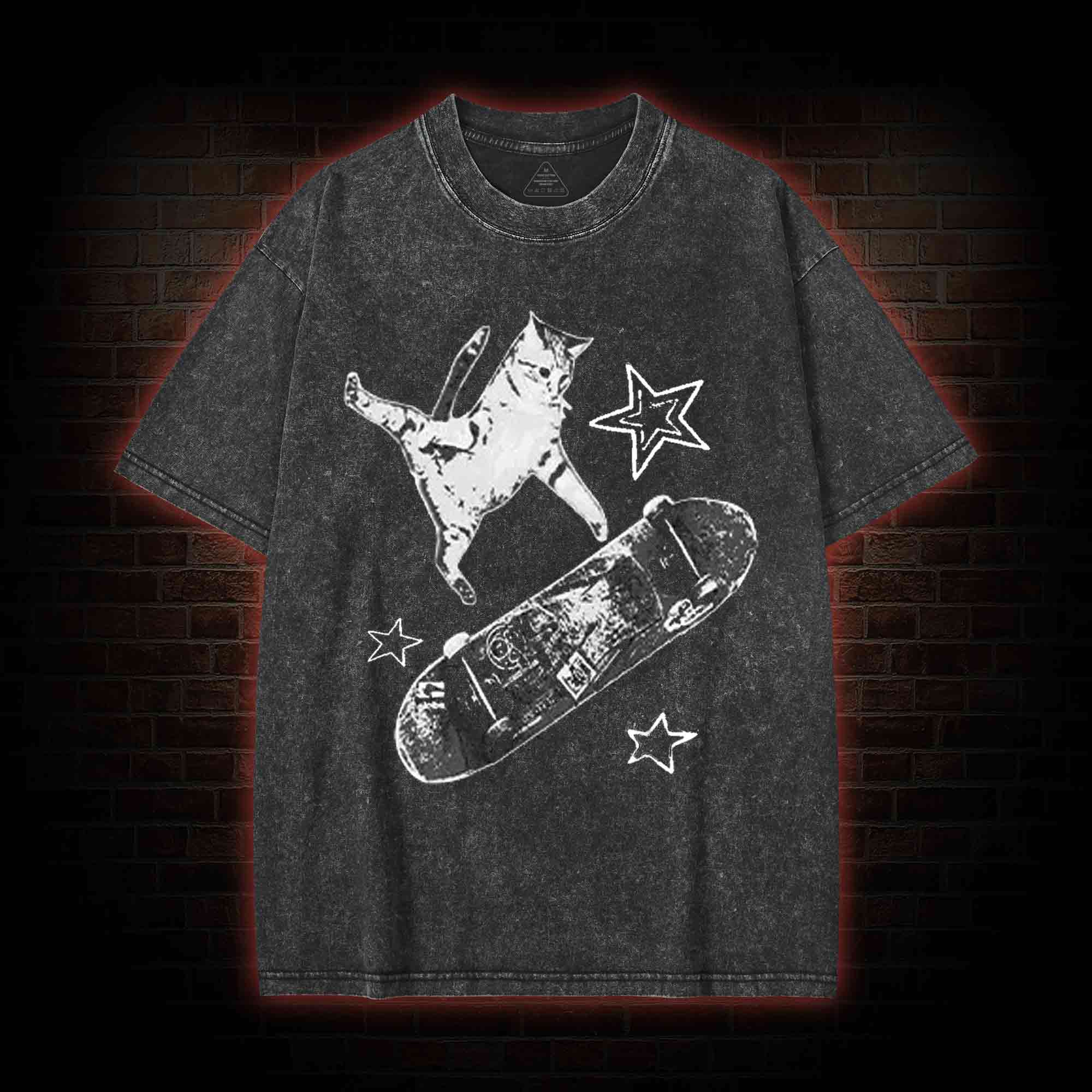 Skateboard Cat Washed T-shirt-LASPORTN