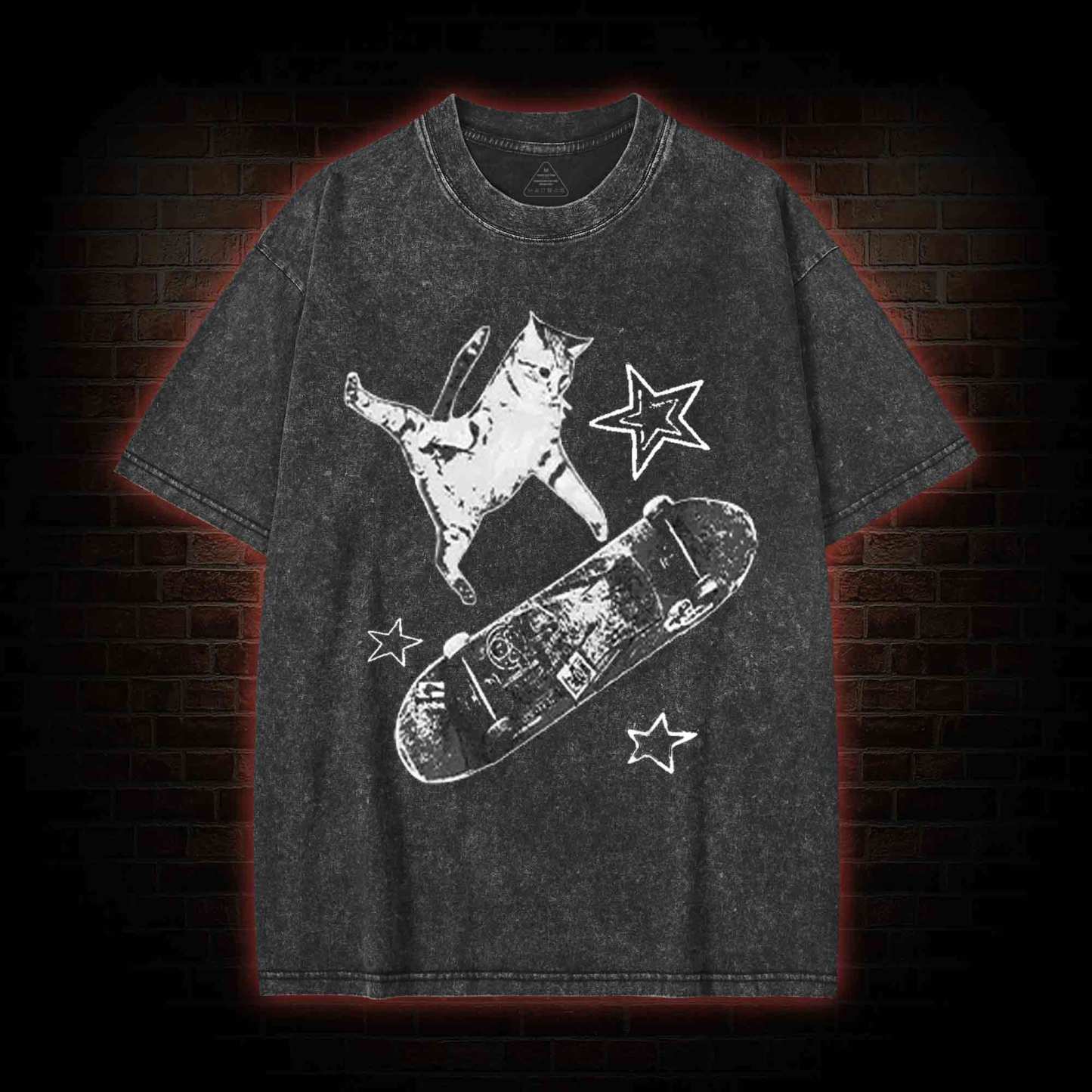 Skateboard Cat Washed T-shirt-LASPORTN