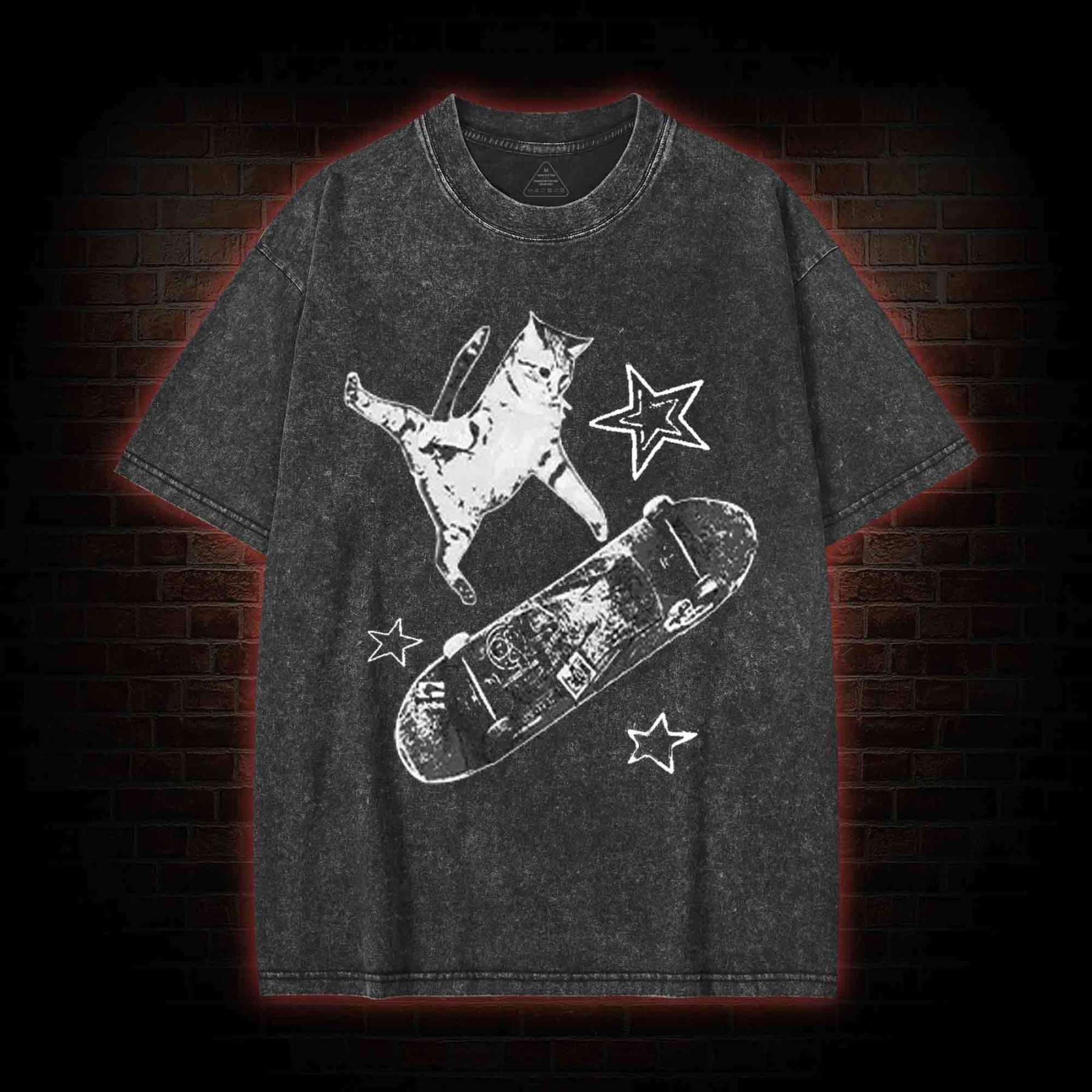 Skateboard Cat Washed T-shirt-LASPORTN