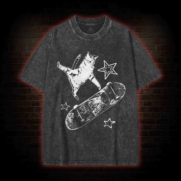 Skateboard Cat Washed T-shirt-LASPORTN