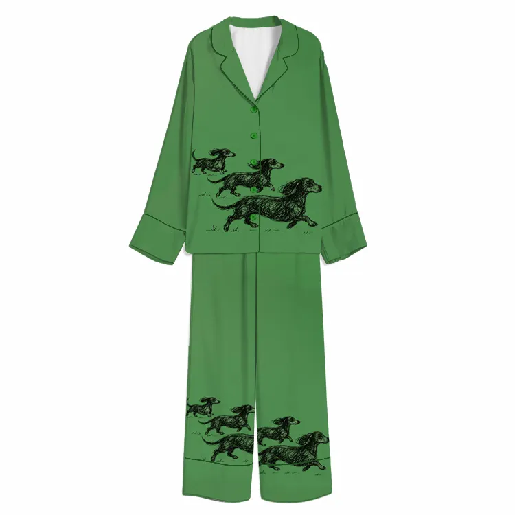 Running Dachshund Sketch Green Unisex Long Sleeve Silky Satin Pajama Set
