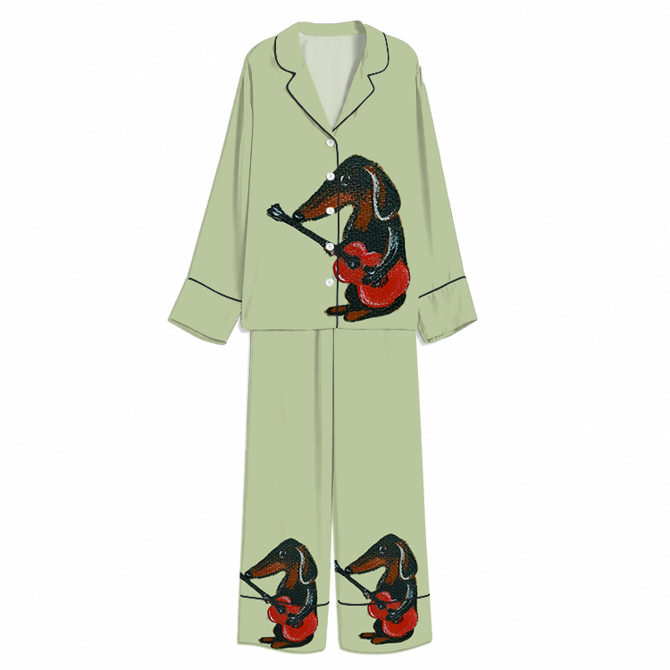 Cello Playing Dachshund Sage Unisex Long Sleeve Silky Satin Pajama Set