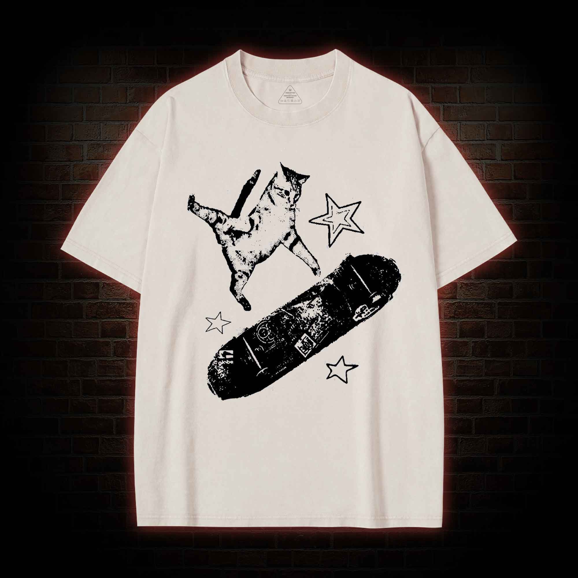 Skateboard Cat Washed T-shirt-LASPORTN