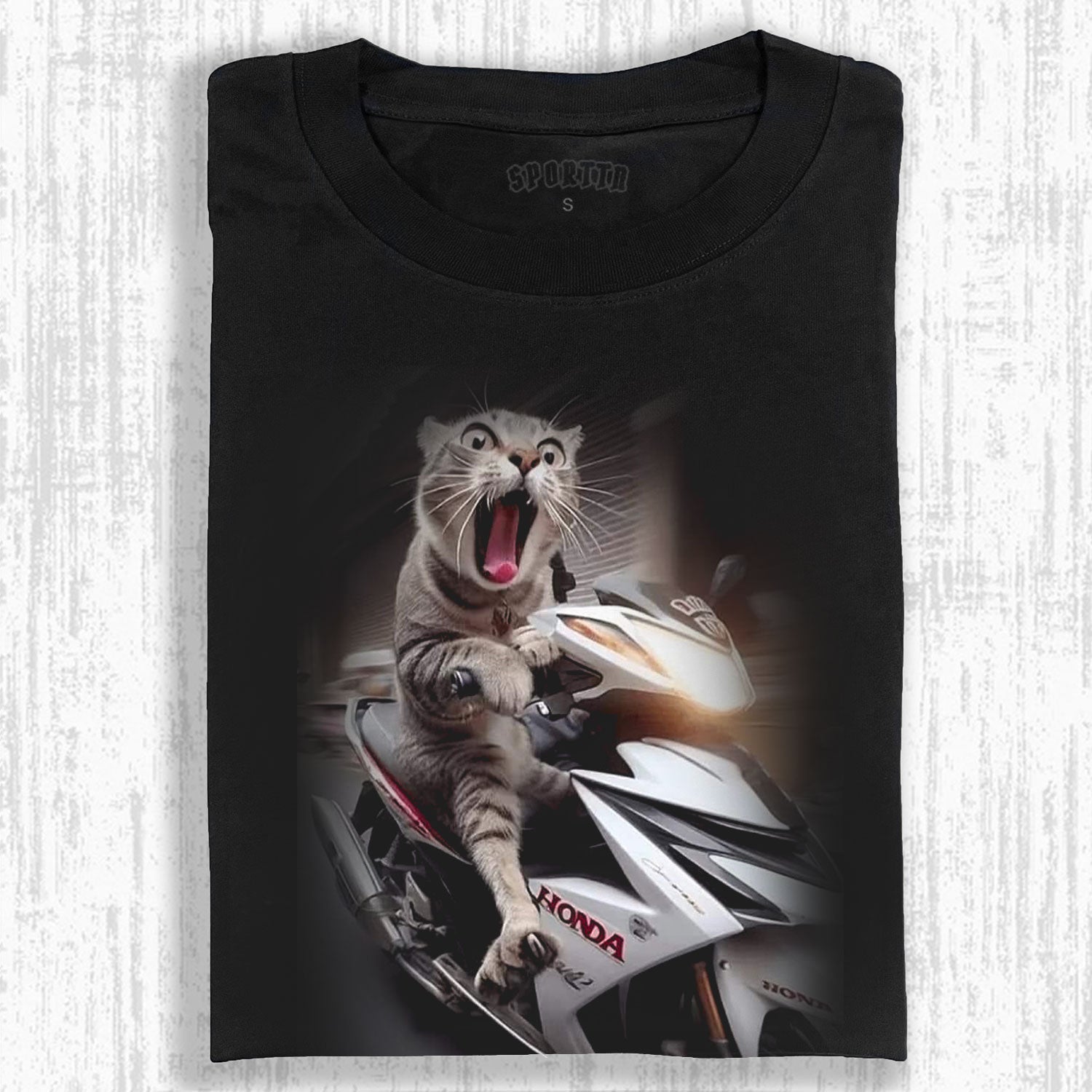 COOL CAT ON A MOTORCYCLE STYLISH RIDING TEE-LASPORTN