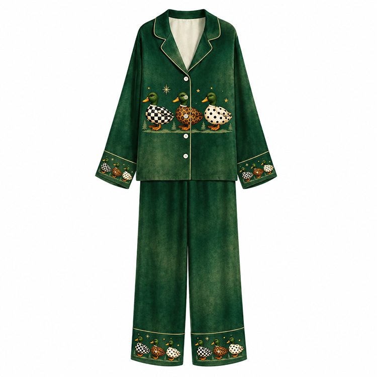 Patterned Duck Trio Forest Green Unisex Long Sleeve Silky Satin Pajama Set