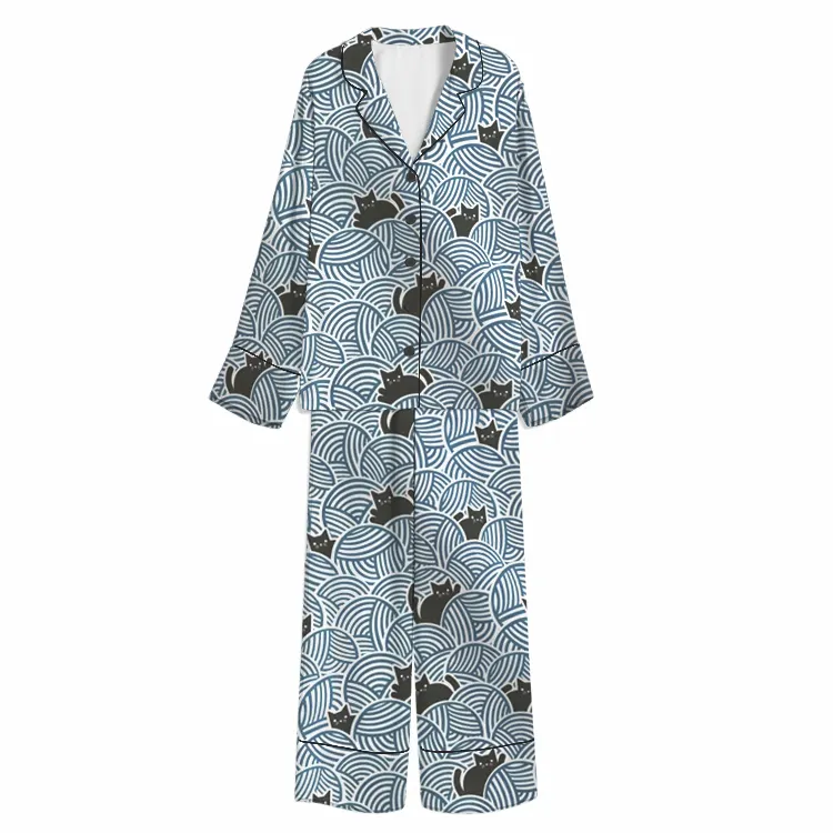 Yarn Ball Hideaway Cats Blue Unisex Long Sleeve Silky Satin Pajama Set