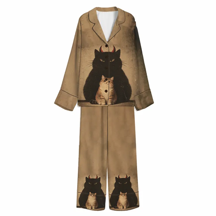 Halloween Devil Shadow Cat Vintage Brown Unisex Long Sleeve Silky Satin Pajama Set