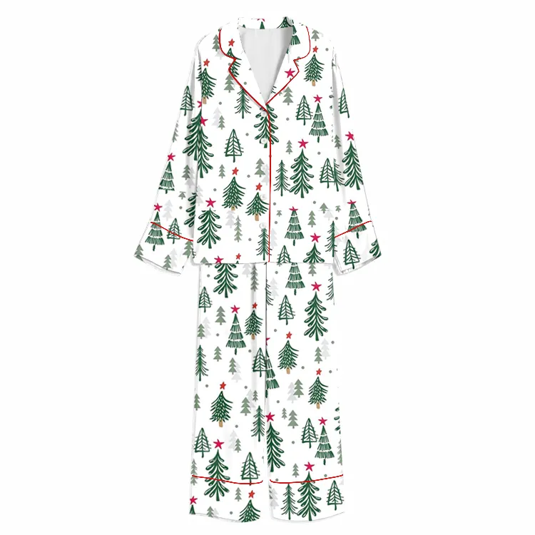 Christmas Scandinavian Pine Forest White Unisex Long Sleeve Silky Satin Pajama Set