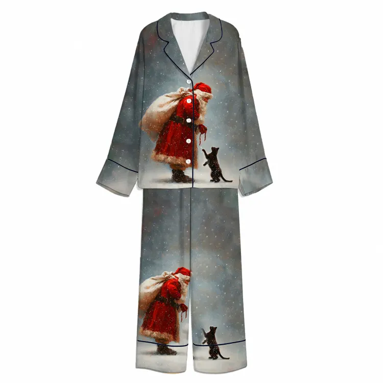 Christmas Santa's Snowy Black Cat Encounter Blue Unisex Long Sleeve Silky Satin Pajama Set