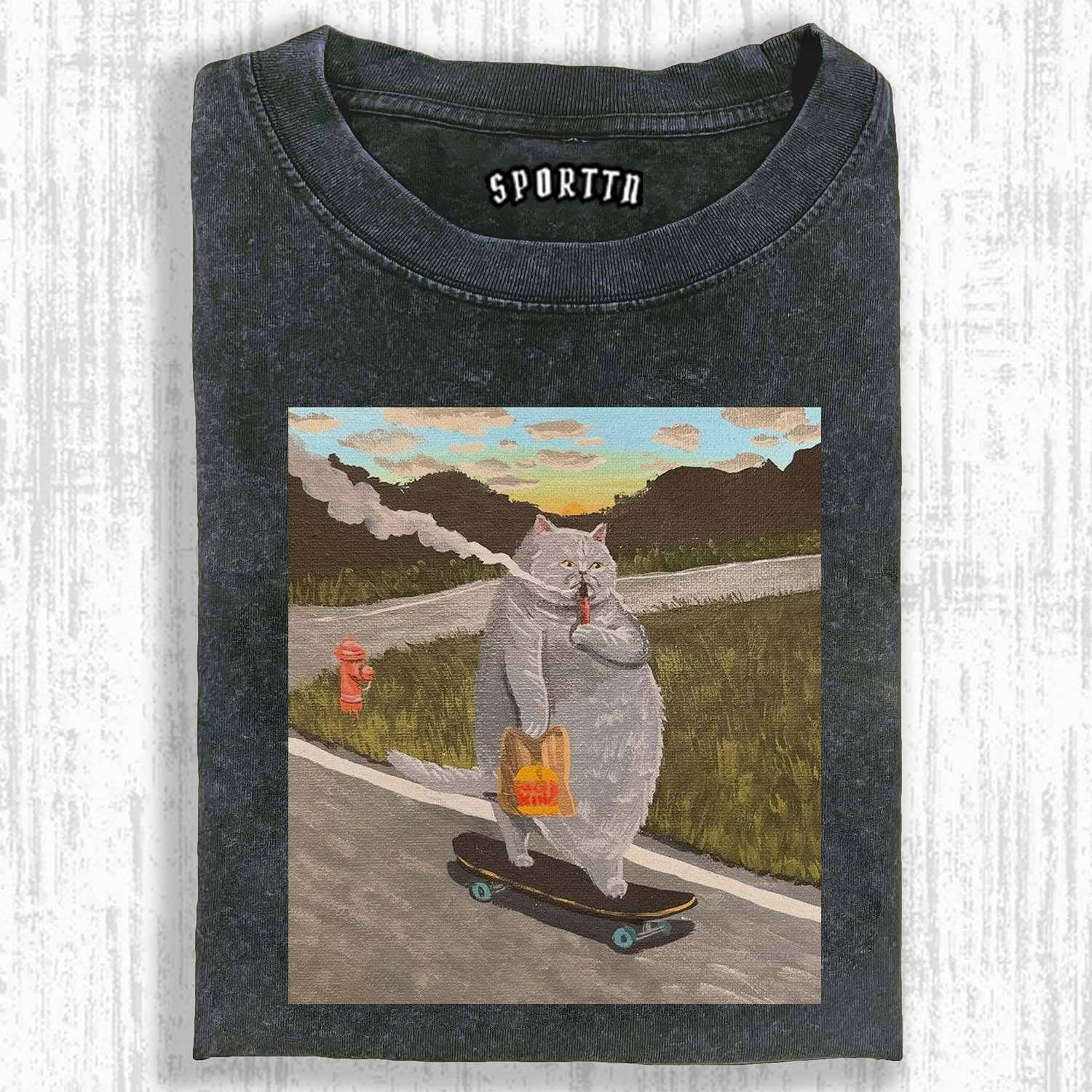 SKATEBOARDING 'SMOKING' CAT'S ROAD ROAMING T-SHIRT-LASPORTN