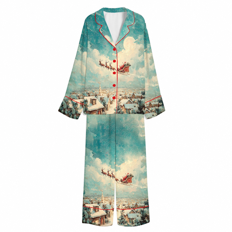 Christmas Santa Sleigh Snowy Village Blue Unisex Long Sleeve Silky Satin Pajama Set