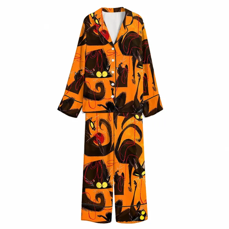 Halloween Abstract Midnight Cats Orange Unisex Long Sleeve Silky Satin Pajama Set