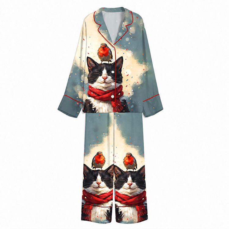 Christmas Robin Tuxedo Cat Teal Unisex Long Sleeve Silky Satin Pajama Set