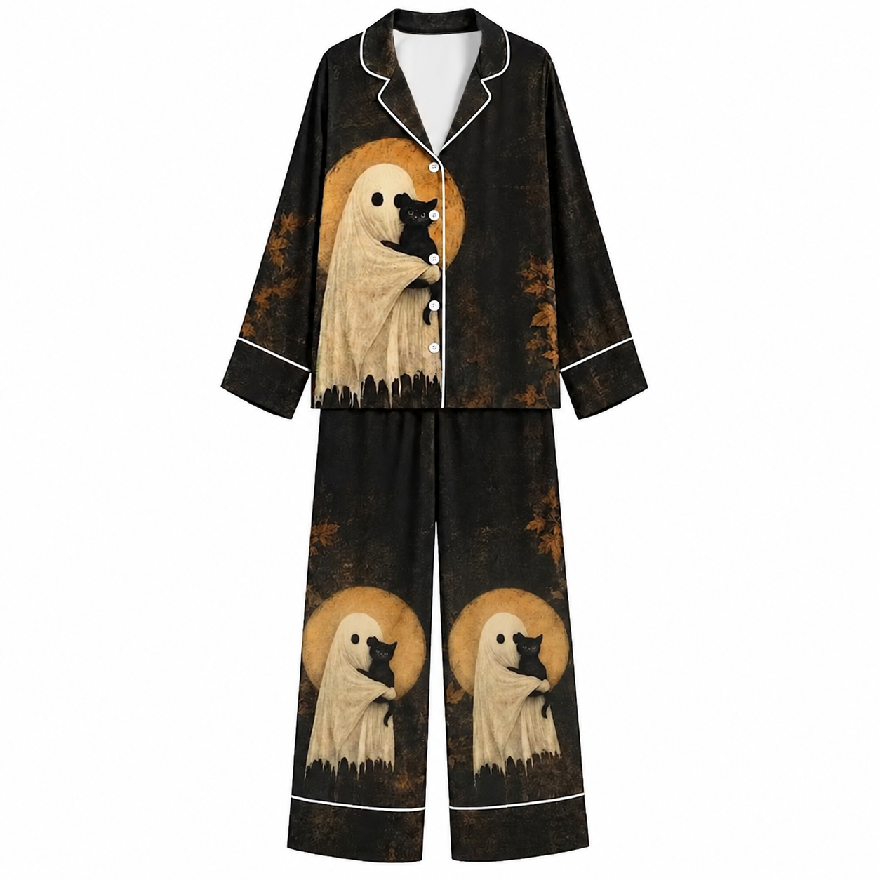 Halloween Moonlit Ghost Hug Cat Unisex Long Sleeve Silky Satin Pajama Set