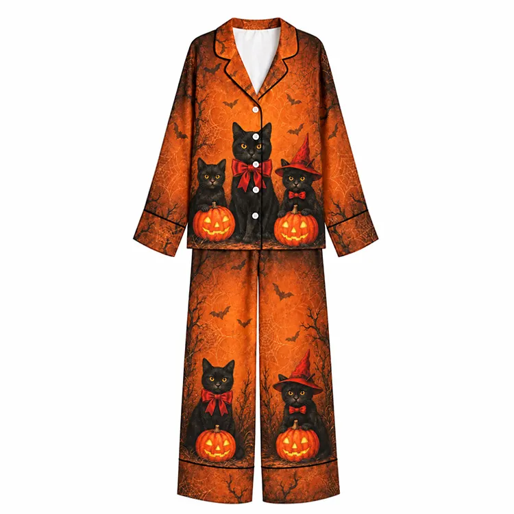 Halloween Pumpkin Cat Coven Orange Unisex Long Sleeve Silky Satin Pajama Set