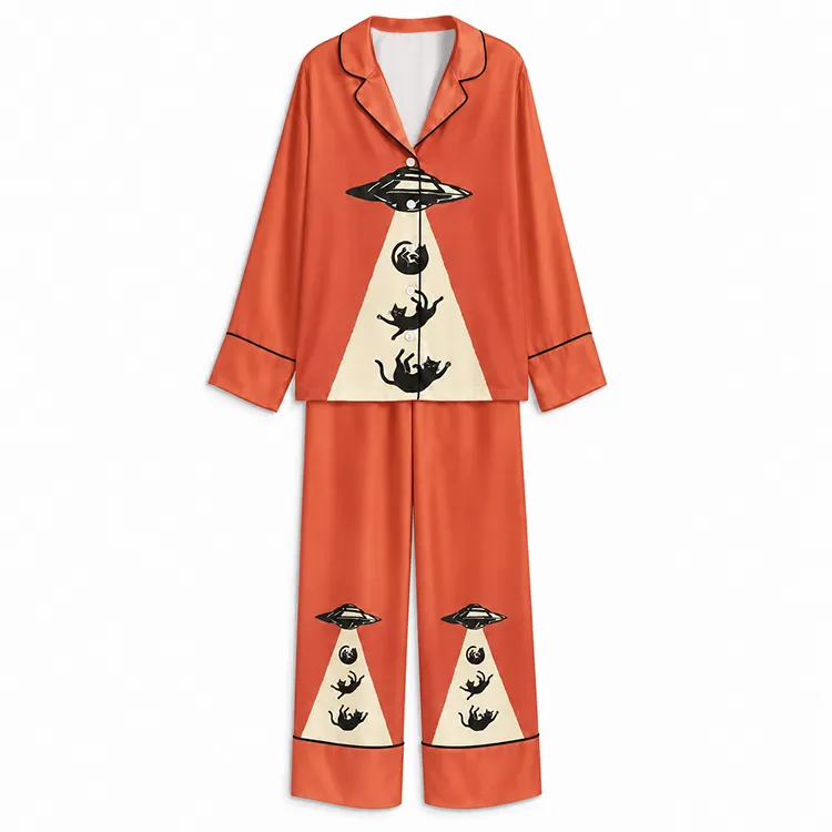 Alien Abduction Black Cats Orange Unisex Long Sleeve Silky Satin Pajama Set