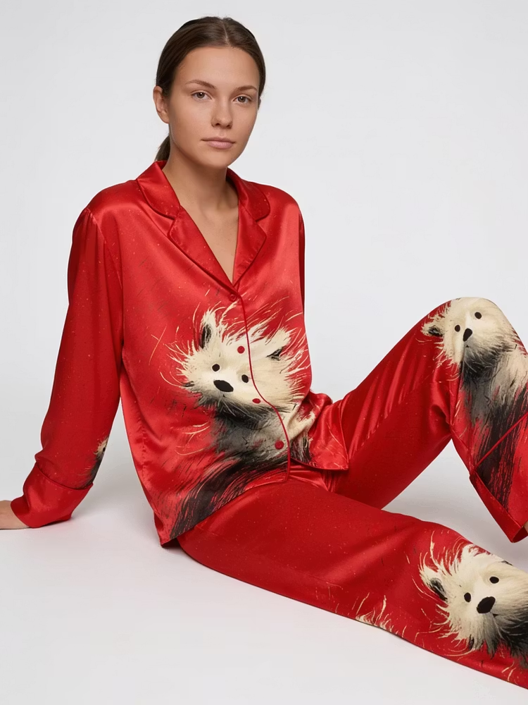 A Messy Puppy Dog Unisex Long Sleeve Silky Satin Pajama Set