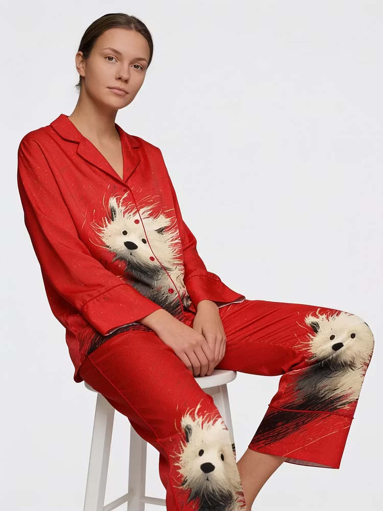 A Messy Puppy Dog Unisex Long Sleeve Silky Satin Pajama Set