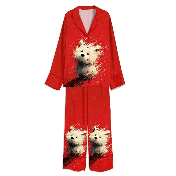 A Messy Puppy Dog Unisex Long Sleeve Silky Satin Pajama Set