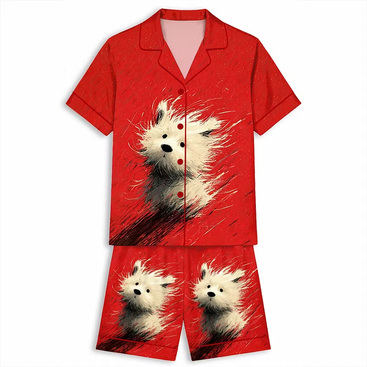 A Messy Puppy Dog Unisex Short Sleeve Silky Satin Pajama Set
