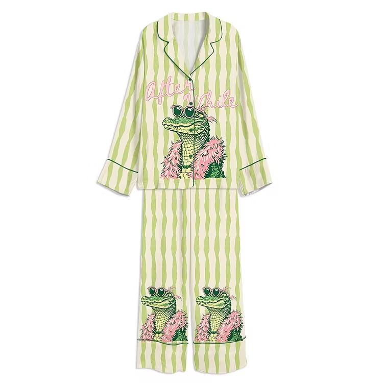 After While Alligator Summer Lake Life Unisex Long Sleeve Silky Satin Pajama Set