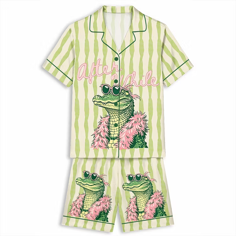 After While Alligator Summer Lake Life Unisex Short Sleeve Silky Satin Pajama Set