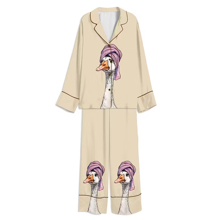 Bath Time Goose Unisex Long Sleeve Silky Satin Pajama Set