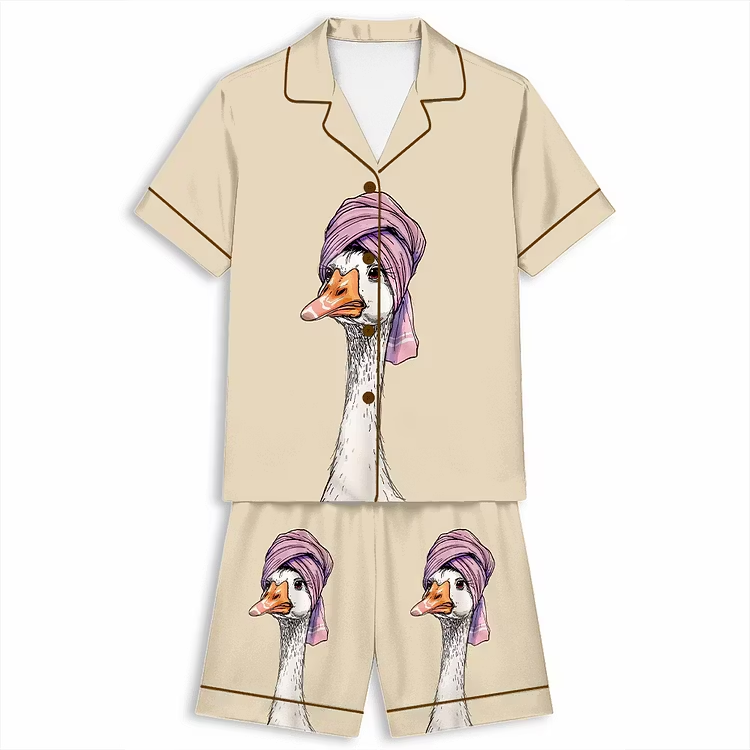 Bath Time Goose Unisex Short Sleeve Silky Satin Pajama Set