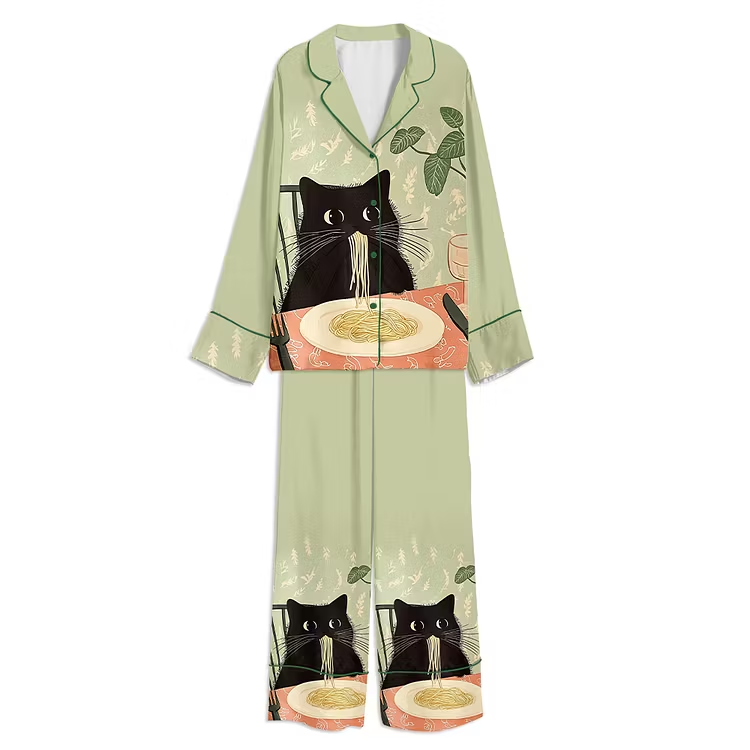 Black Cat Spaghetti Dinner Unisex Long Sleeve Silky Satin Pajama Set