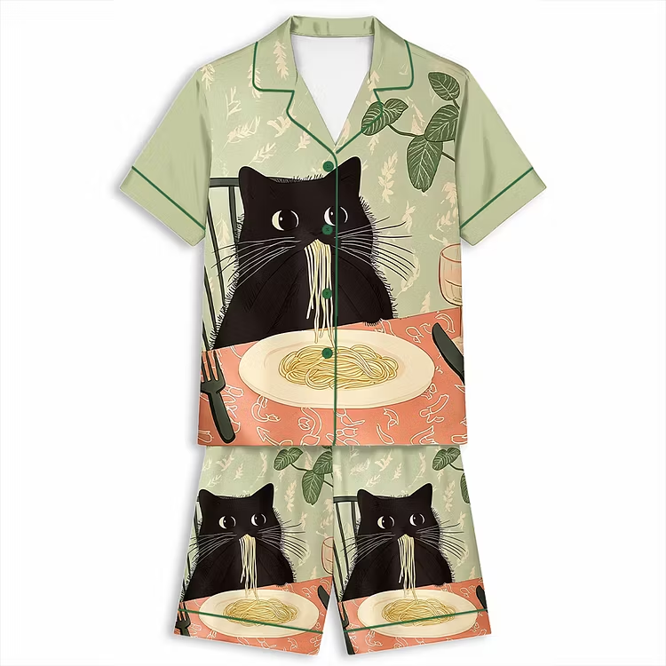 Black Cat Spaghetti Dinner Unisex Short Sleeve Silky Satin Pajama Set