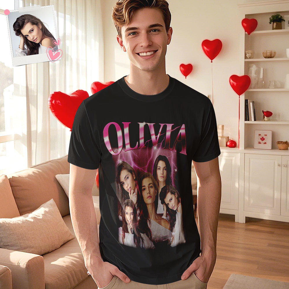 Custom Photo Vintage Tee Personalized Name T-shirt Couple Gifts Black